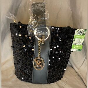 Badgley Mischka Sequin Black Bucket Bag With Crossbody